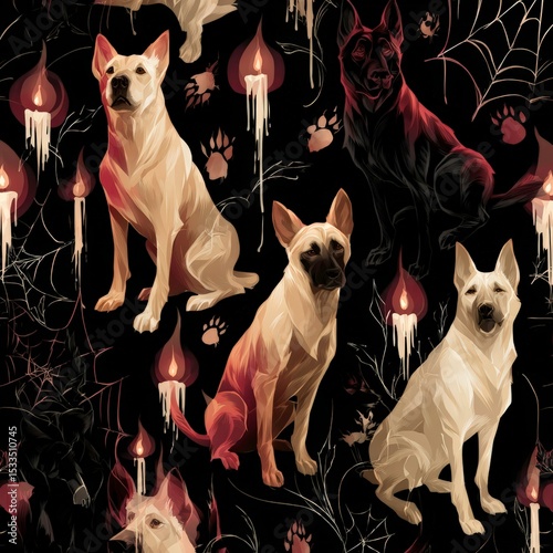 Dogs in an artistic pattern featuring candles and spider webs on a black background