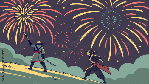 Two figures on a hill with fireworks in the background under a dark sky in a stylized illustration