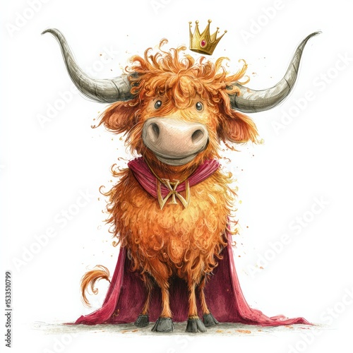 Charming cartoon cow wearing a crown and cape showcases whimsical character in a playful setting