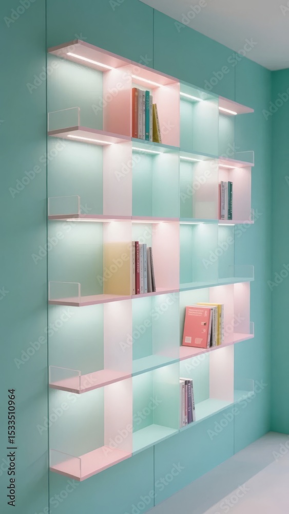 Modern Wall Shelving with Integrated Lighting Displaying Books and Decor Modern Wall Shelving with Integrated Lighting Displaying Books and Decor