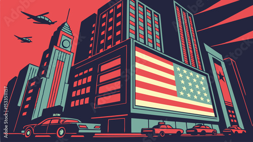 Cityscape with american flag billboard, planes, cars, and tall buildings in a patriotic color scheme