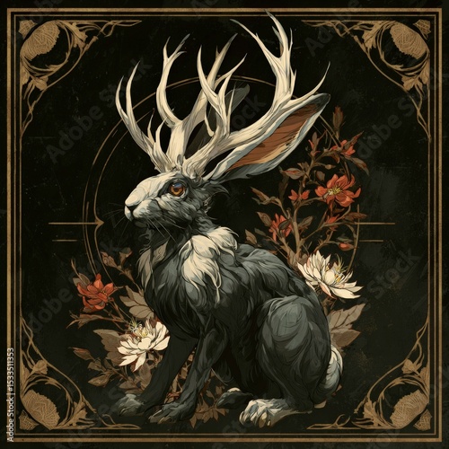 Mystical creature blending a hare and deer sitting gracefully among flowers