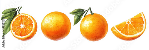Vector illustration, watercolor, orange cut in half, with leaf on white background