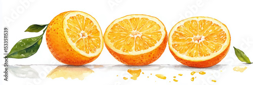 Vector illustration, watercolor, orange cut in half, with leaf on white background