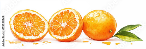 Vector illustration, watercolor, orange cut in half, with leaf on white background