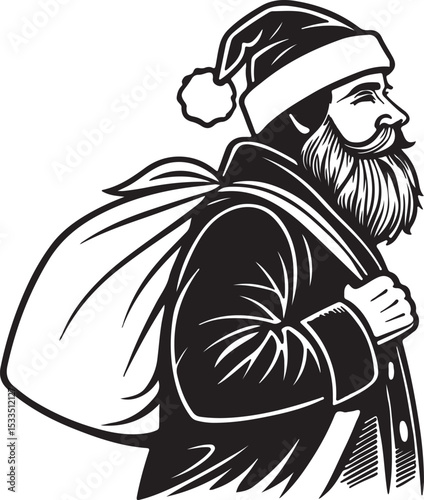 Santa Claus going at New Year or Christmas delivery rush with gift bag, Silhouette vector illustration design