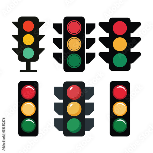 4 Traffic light silhouettes a collection of designs. This image showcases a collection of traffic light silhouettes in various styles, featuring a distinctive flat, cartoonish design.