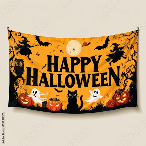 Colorful Halloween banner featuring pumpkins, ghosts, and witches in a festive autumn setting