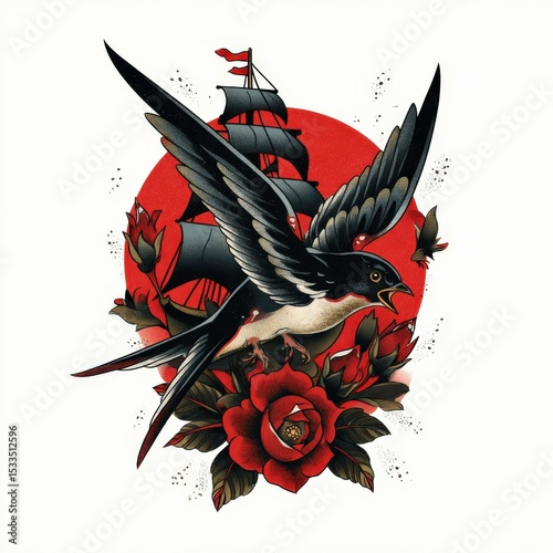 Swallow bird flies in front of a classic ship with red roses and bold colors in a vintage tattoo style