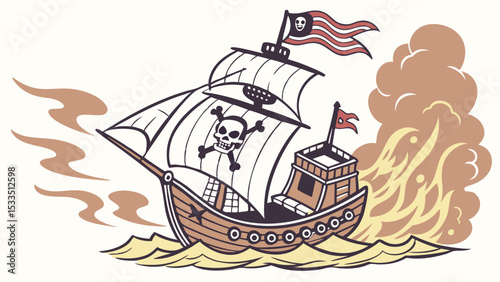 Pirate ship sailing on wavy water with skull and crossbones flag and smoke billowing from the back ground