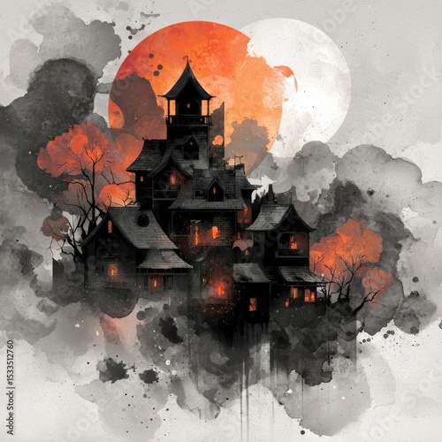 Eerie haunted village under a full moon with glowing windows in a dark, misty atmosphere