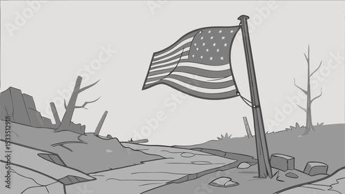 American flag waving in a desolate landscape with broken trees and rubble in a grayscale illustration