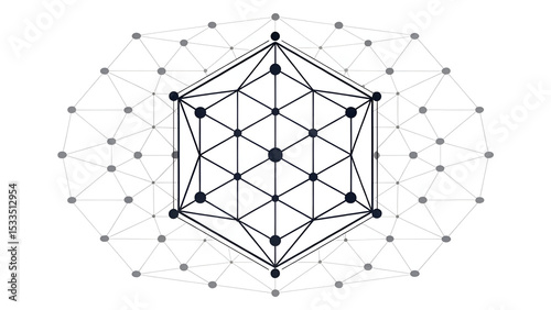 Minimalist hexagon circuit web with fine black lines and connection dots on white background, geometric and futuristic abstract design ideal for blockchain, networks, and digital infrastructure visual