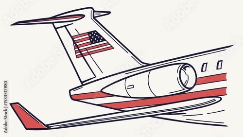 Illustration of a jet plane with american flag on tail fin and red stripes along the fuselage side view
