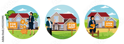 House for sale. Real Estate Agent Presenting Rental Home. Real Estate Agent Promotes Open House.