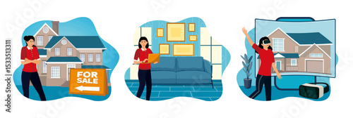 Real estate agent. Woman Using Laptop in a Stylish Modern Living Room. Real estate virtual tour.