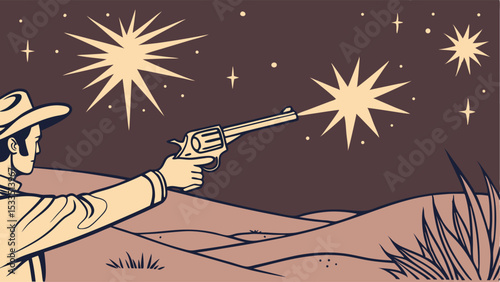Cowboy with a hat shooting a revolver at night with stars and desert landscape in a vintage style scene