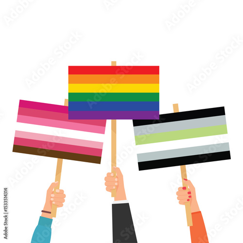 Hands holding LGBTQ sexual identity pride flags.