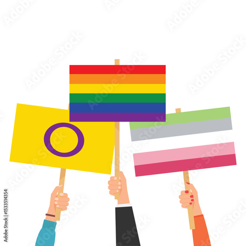 Hands holding LGBTQ sexual identity pride flags.