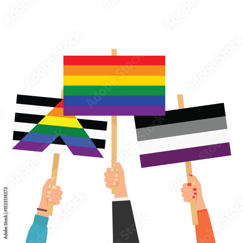 Hands holding LGBTQ sexual identity pride flags.