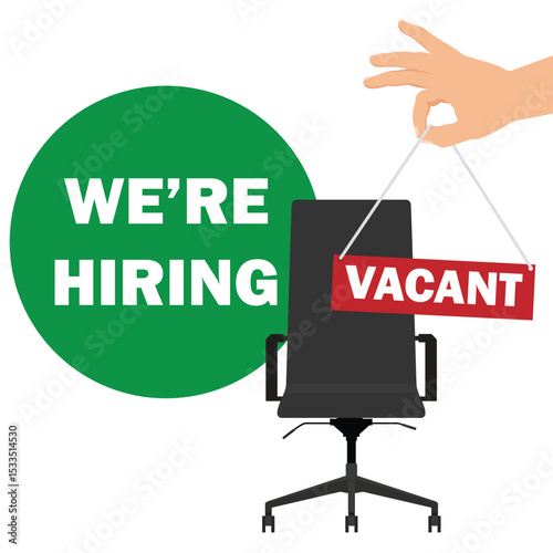 Job advertising concept. "We Are Hiring" banner empty office chair with sign vacant for job vacancy and recruitment