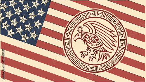 American flag with stars and stripes and an eagle emblem with a circular geometric border design