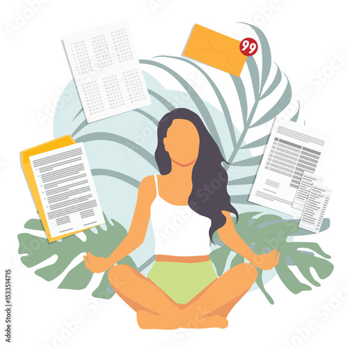 Meditating office worker. Young woman meditate sitting in a lotus position surrounded by documents, paperwork and work tasks