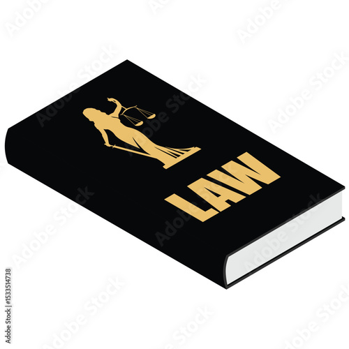 Law book with Lady Justice (Themis) on the cover, holding scales and sword. Symbol of justice and law.