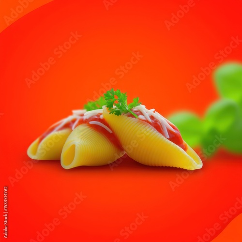 Stuffed Pasta Shells with Marinara and Cheese on Red Background