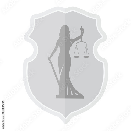 Vector illustration of shield with silhouette of Lady Justice Justitia. Themis holding sword and scales