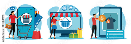 Online Shopping Concept. Smart retail with Woman Holding Bags. Online flea market.