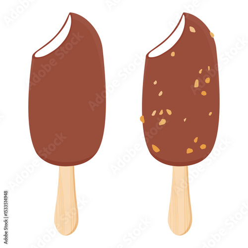 Vanilla ice cream with nut pieces and crunchy chocolate topping on wooden stick