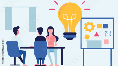 Illustration of a business meeting with ideas presented on a board and a large light bulb above