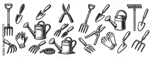 Gardening Tool Set with Rake, Watering Can, Gloves, Shovel, and Pruning Shears Vector Illustration