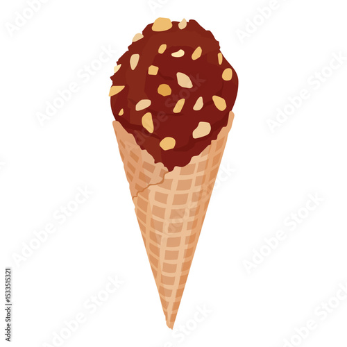 Chocolate ice cream with nut pieces scoop with a crisp waffle cone isolated on white background