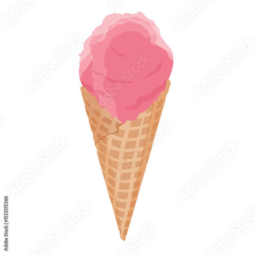 Strawberry ice cream scoop with a crisp waffle cone isolated on white background