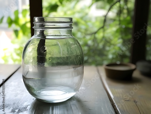 A broken glass of water is placed on the table.