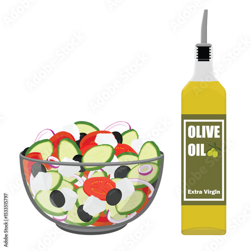 Traditional Greek salad with slices of feta cheese, tomatoes and olives in a glass bowl, and a bottle of fresh olive oil