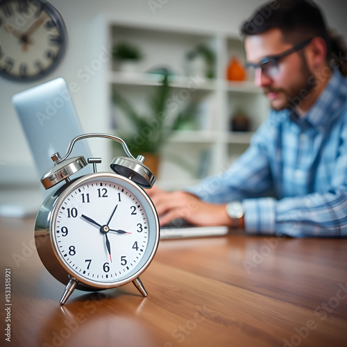 Selective focus of alarm clock on table near man using laptop at home, concept of time management