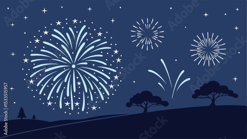 Illustration of fireworks and stars illuminating the night sky over a landscape with trees and hills