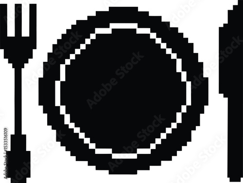 Pixel-style dinner set vector - Plate with fork & knife silhouette, EPS JPEG PNG