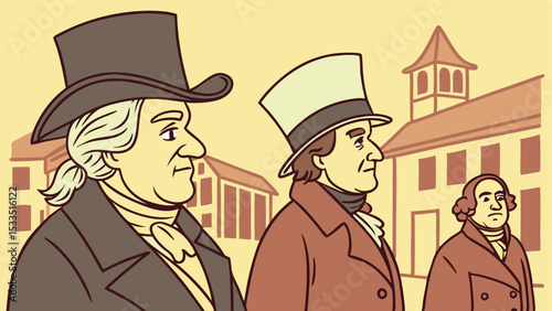 Three men in historical attire stand in front of buildings with a light yellow background color tone image