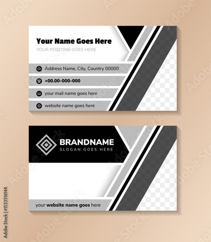 Simplistic designed black and white front and back business card template contains abstract triangle, rectangle and diagonal shapes. sample information consist of text, logo and icons. 