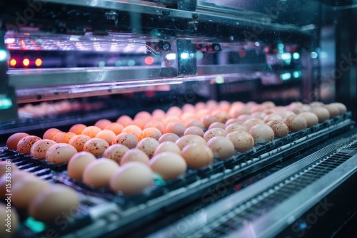 Rows of brown eggs move along a mechanized conveyor belt within a modern, industrial egg-processing facility, illuminated by ambient lighting