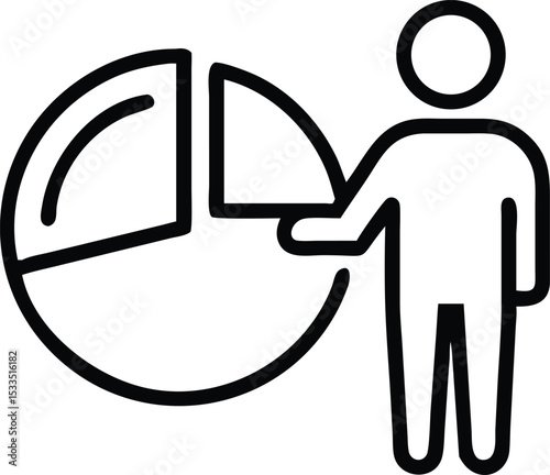 Businessman standing on ladder to arrange pie chart. Showing a market share percentage using a pie chart.