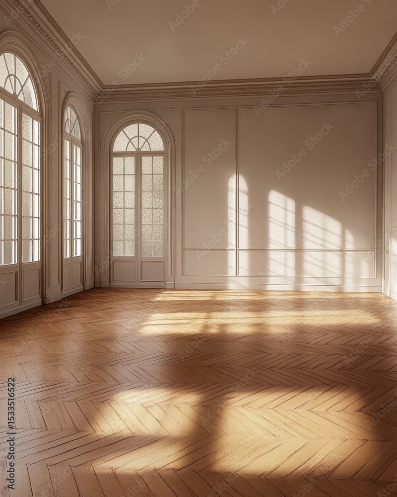Obraz premium Sunlit empty room with herringbone floors, arched windows, and classical molding, exhibiting a calm, elegant atmosphere
