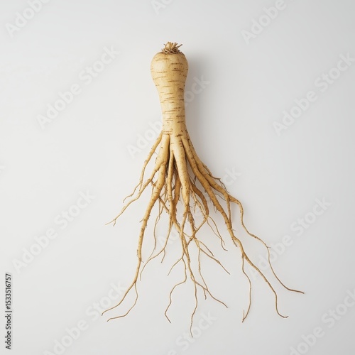 Pale yellow parsnip with long, thin roots splayed against a plain white background