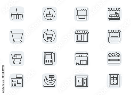 Retail trade and small business. Concept editable stroke outline icons set isolated on white background flat vector illustration. Pixel perfect