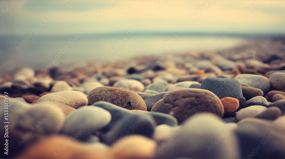 Obraz premium Close-Up Pebbles on Serene Beach: Soft Blurred Background with Natural Lighting and Muted Tones for Calm Atmosphere