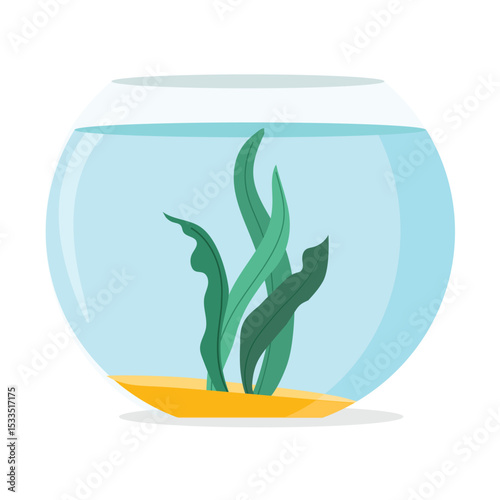 Empty cartoon fishbowl icon. Fishbowl aquarium with sand and algae plant, isolated on white background. Glass fishbowl filled with clear water, plant and decorative sand. Vector illustration